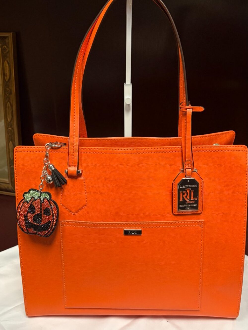 Lauren Ralph Lauren “Lowell” Large Saffiano Leather Tote • Orange • Gold Hardwar